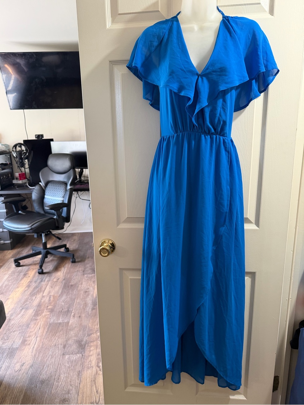 Romeo & Juliet Couture Cobalt Blue Ruffle V-Neck Maxi Dress